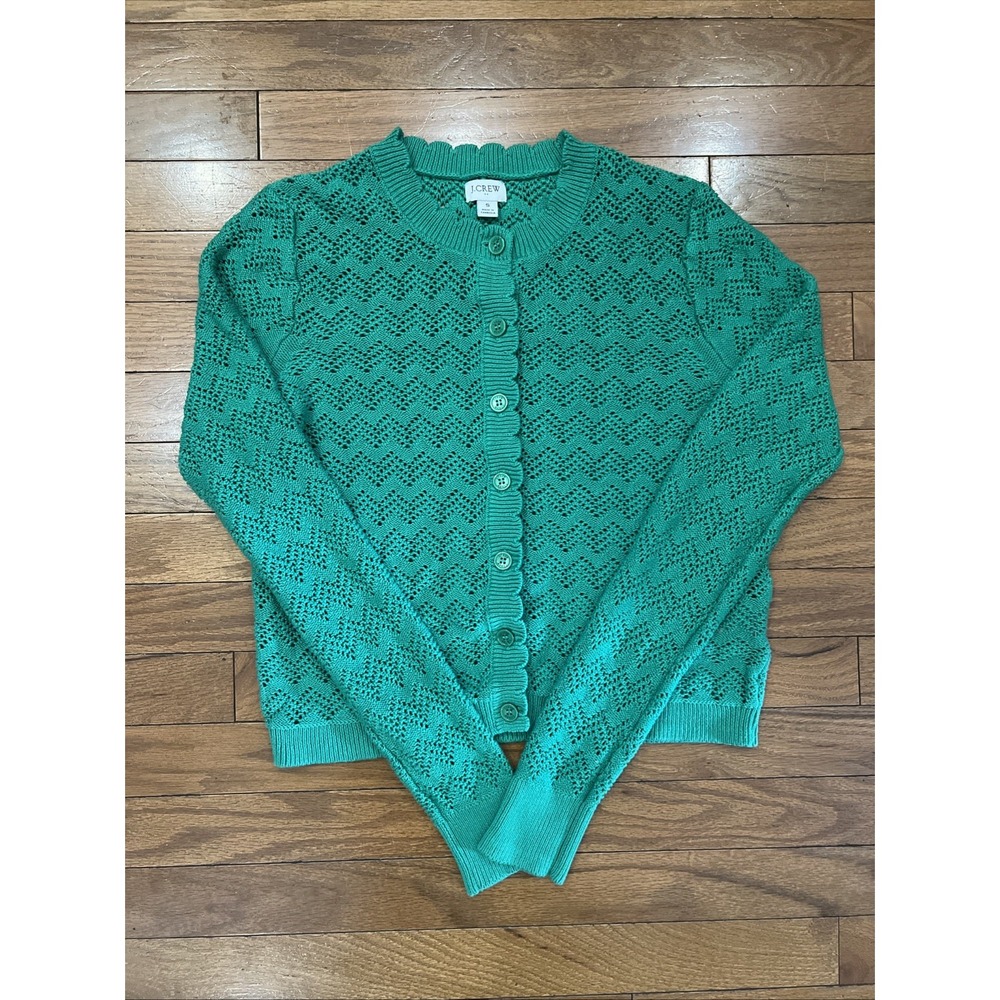 J.Crew Teal Green 100% Cotton Pointelle Knit Cardigan Sweater Sz S Eyelet